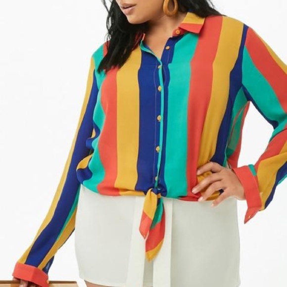 NEW Forever 21 Striped Tie Front Button Up Top 0X - Picture 1 of 17